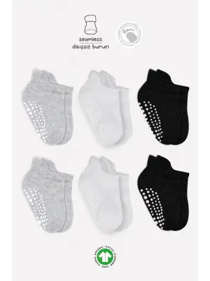 Omarı Kaymaz Penye Çorap 6Lı Sneakers Seti Gri Beyaz Siyah