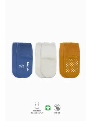 Omarı Kaymaz Penye Soket Çorap 3lü Paket İndigo Ekru Hardal