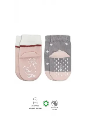 Omarı Sihirli Kaydırmaz Hayvan Desenli Kız Çorapları 2li Set - Gri