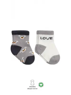 Omarı Sevimli Köpek Desenli Penye Çorap Seti - Gri