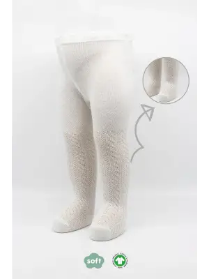 Omarı Yüksek Kaliteli Zikzak Desenli Penye Külotlu Çorap Ekru