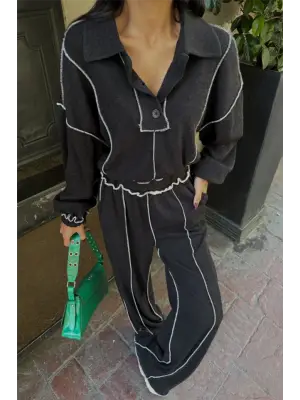 Omarı İşlevsel Şönil Bluz Pantolon Takım - Siyah
