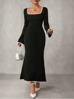 Biyeli uzun elbise siyah