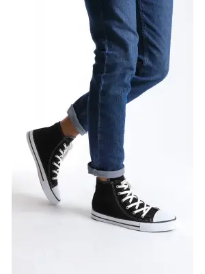 Omarı Siyah Keten Bağcıklı Günlük Spor Ayakkabı