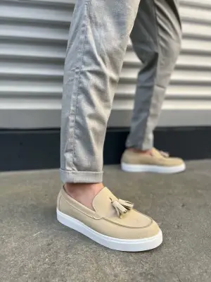 Omarı Püsküllü Süet Erkek Günlük Spor Ayakkabı - Krem