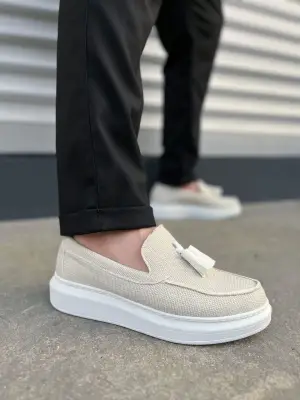 Omarı Püsküllü Keten Erkek Günlük Spor Ayakkabı - Beyaz