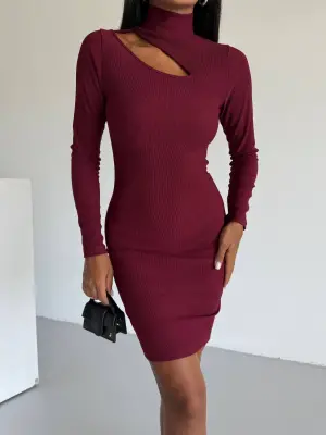 Boğazlı gögüs dekolteli elbise bordo f2333