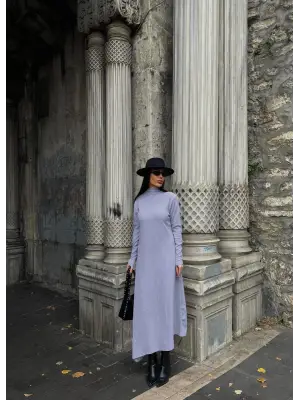 Boğazlı kalın bürümcük uzun elbise gri