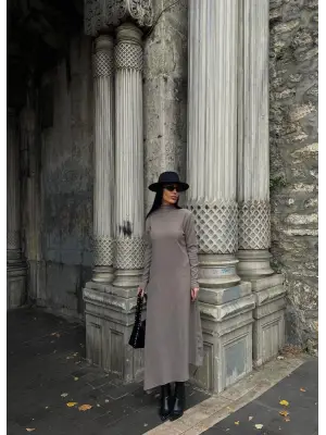 Boğazlı kalın bürümcük uzun elbise vizon