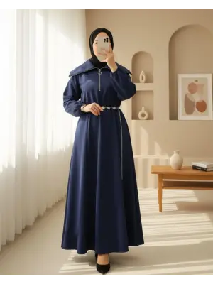 Boğazlı Yarım Fermuarlı Beli Büzgülü Kemerli Scuba Elbise -Laci