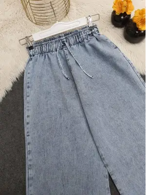 Omarı Bol Paça Bağcık Detaylı Kot Pantolon - Buz Mavi