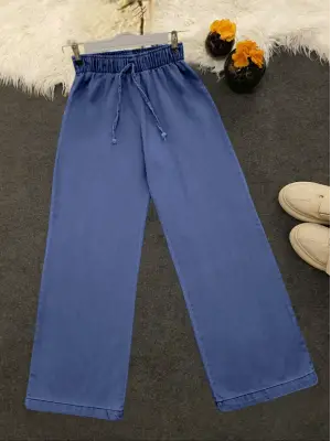 Bol Paça Beli Lastikli Bağcık Detaylı Kot Pantolon  -Koyu Mavi