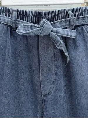 Bol Paça Beli Lastikli Kuşaklı Kot Pantolon -Buz Mavi