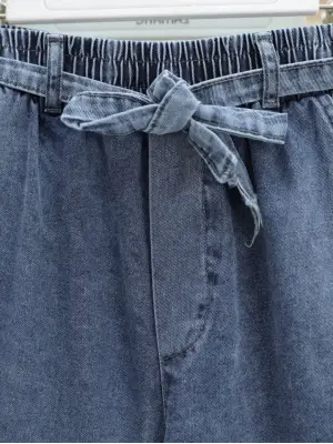 Omarı Lastikli Kuşaklı Kot Pantolon - Buz Mavi