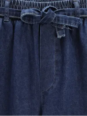 Bol Paça Beli Lastikli Kuşaklı Kot Pantolon -İndigo