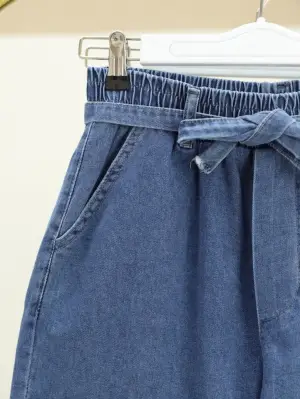 Omarı Bol Paça Beli Lastikli Kot Pantolon - Koyu Mavi