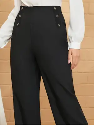 Omarı Düğme Detaylı Bol Paça Krep Pantolon