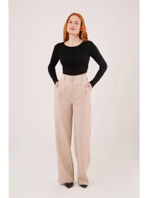 Piliseli Bej Bol Paça Pantolon