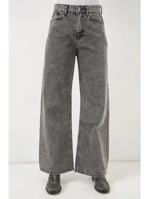 Bol Paça Yüksek Bel Palazzo Kot Pantolon 6656 - Gri