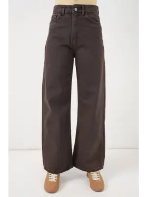 Bol Paça Yüksek Bel Palazzo Kot Pantolon 6656 - Kahverengi