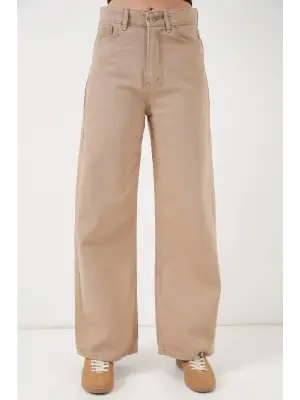 Bol Paça Yüksek Bel Palazzo Kot Pantolon 6656 - Vizon