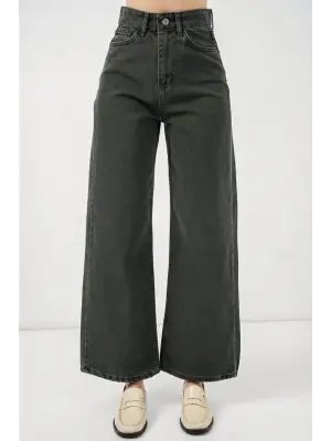 Bol Paça Yüksek Bel Palazzo Kot Pantolon 6656 - Yeşil