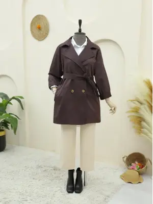Bolero Detaylı Düğmeli Ara Boy Trençkot -Mürdüm