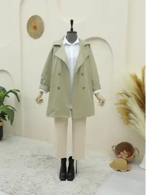 Bolero Detaylı Düğmeli Ara Boy Trençkot -Taş