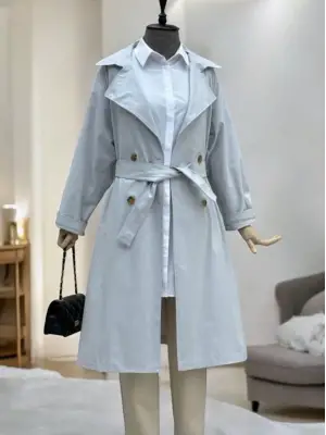 Omarı Detaylı Kemerli Araboy Trençkot - Açık Gri Modası