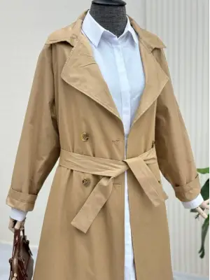 Omarı Detaylı Kemerli Araboy Trençkot - Vizon Rengi