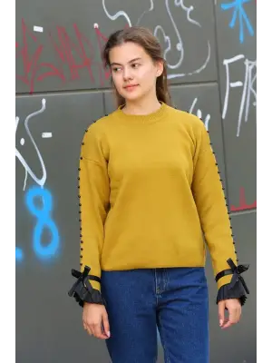 Hardal Boncuklu Bile Detaylı Kazak Kadın Giyim