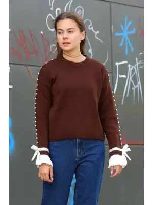 Kahve Boncuklu Bile Detaylı Kazak Kadın Giyim