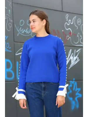 Saks Mavisi Boncuklu Bile Detaylı Kazak Kadın Giyim