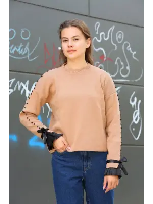 Boncuklu bile detaylı kazak vizon