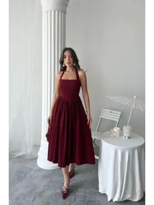 Bordo Boyundan Bağlamalı Keten Elbise