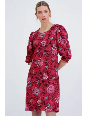 Bordo Gül Desenli Midi Elbise 2477