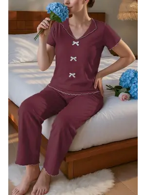 Omarı Fiyonk Detaylı Bordo Pamuklu Pijama Takımı