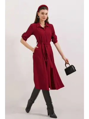 Bordo Kuşaklı Gömlek Elbise 2442