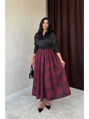 Bordo Leopar Büzgülü Uzun Etek