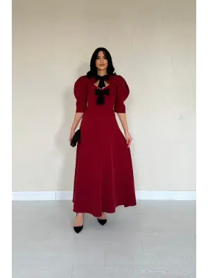 Bordo Ön Dekolteli Fiyonk Garnili Uzun Elbise