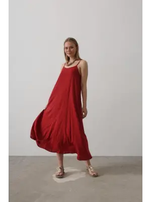 Omarı Bordo Uzun Çan Elbise Askısız ve Şık