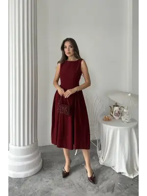Bordo Yanları Büzgülü Midi Boy Keten Elbise