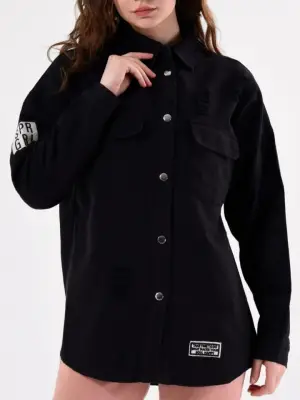 Omarı Yıpratma Detaylı Siyah Çıtçıtlı Kot Ceket