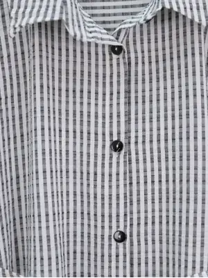 Boydan Düğmeli Bağcıklı Çizgili Bürümcük Gömlek -Gri