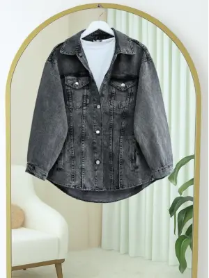 Omarı Füme Renkli Boydan Düğmeli Kot Ceket