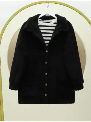 Boydan Düğmeli Cepli Pelüş Ceket -Siyah