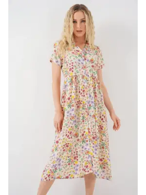 Boydan Düğmeli Kısa Kol Çiçekli Elbise 2561 - Krem