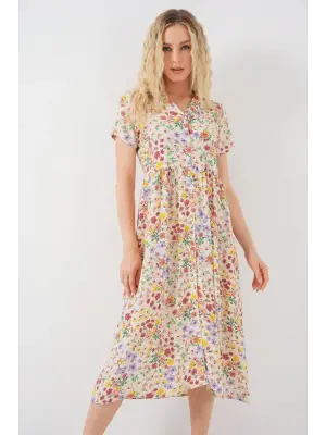 Boydan Düğmeli Kısa Kol Çiçekli Elbise 2561 - Krem