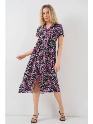 Boydan Düğmeli Kısa Kol Çiçekli Elbise 2561 - Siyah