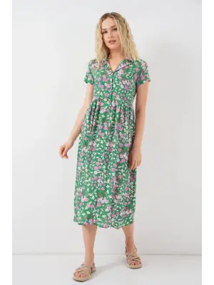 Boydan Düğmeli Kısa Kol Çiçekli Elbise 2561 - Yeşil